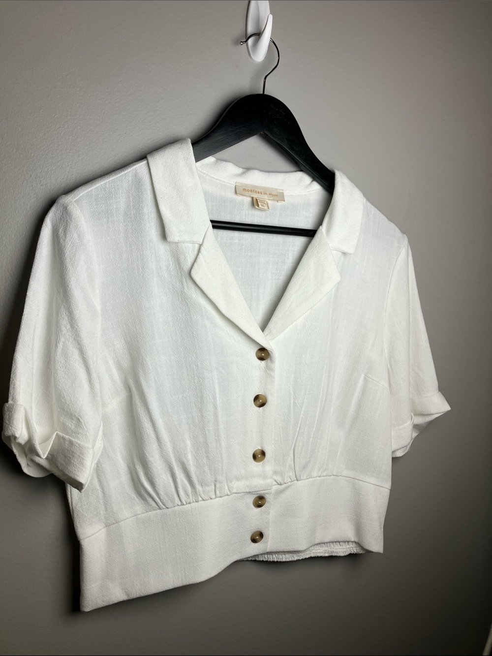 monteau Los Angeles Linen-Blend White Button Front Crop Top Size XL NWOT